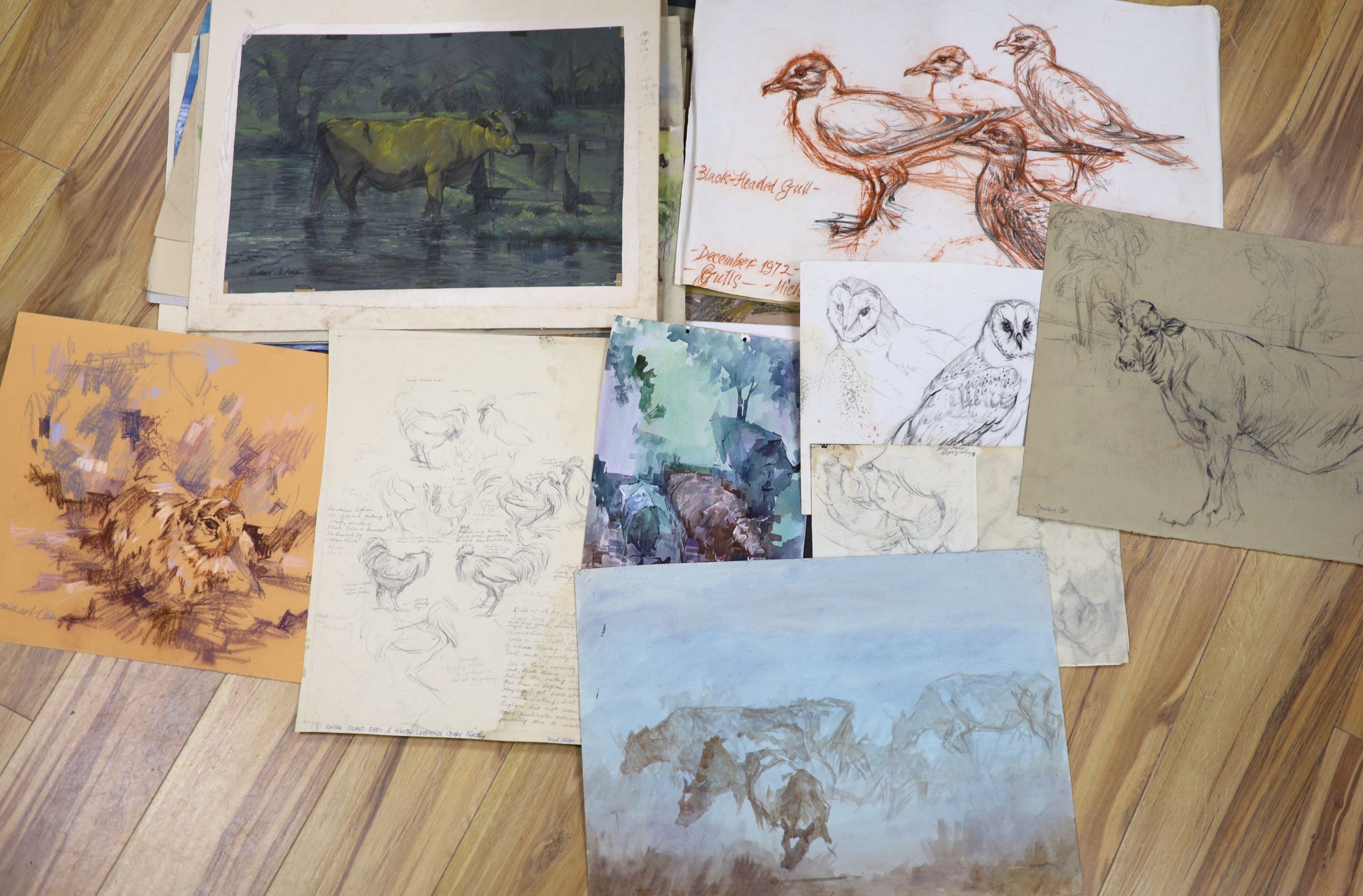 Michael Cadman (1920-2012), folio of drawings and watercolours, Studies of figures, animals and landscapes, mostly signed and inscribed, approx. 44 x 60cm